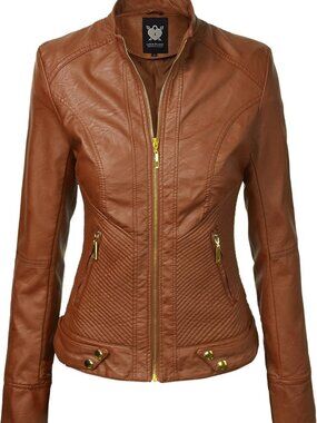 Stylish Medium Vegan Leather Moto Jacket in Camel - Slim Fit Biker Coat